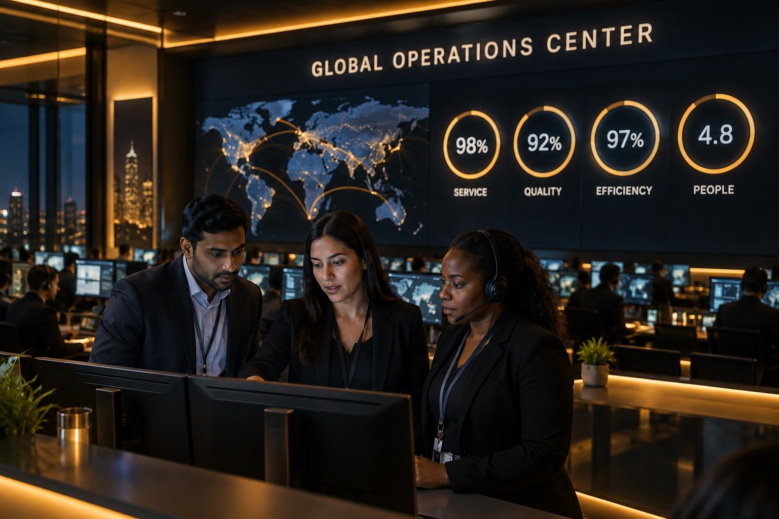 Support specialists collaborating in an operations centre