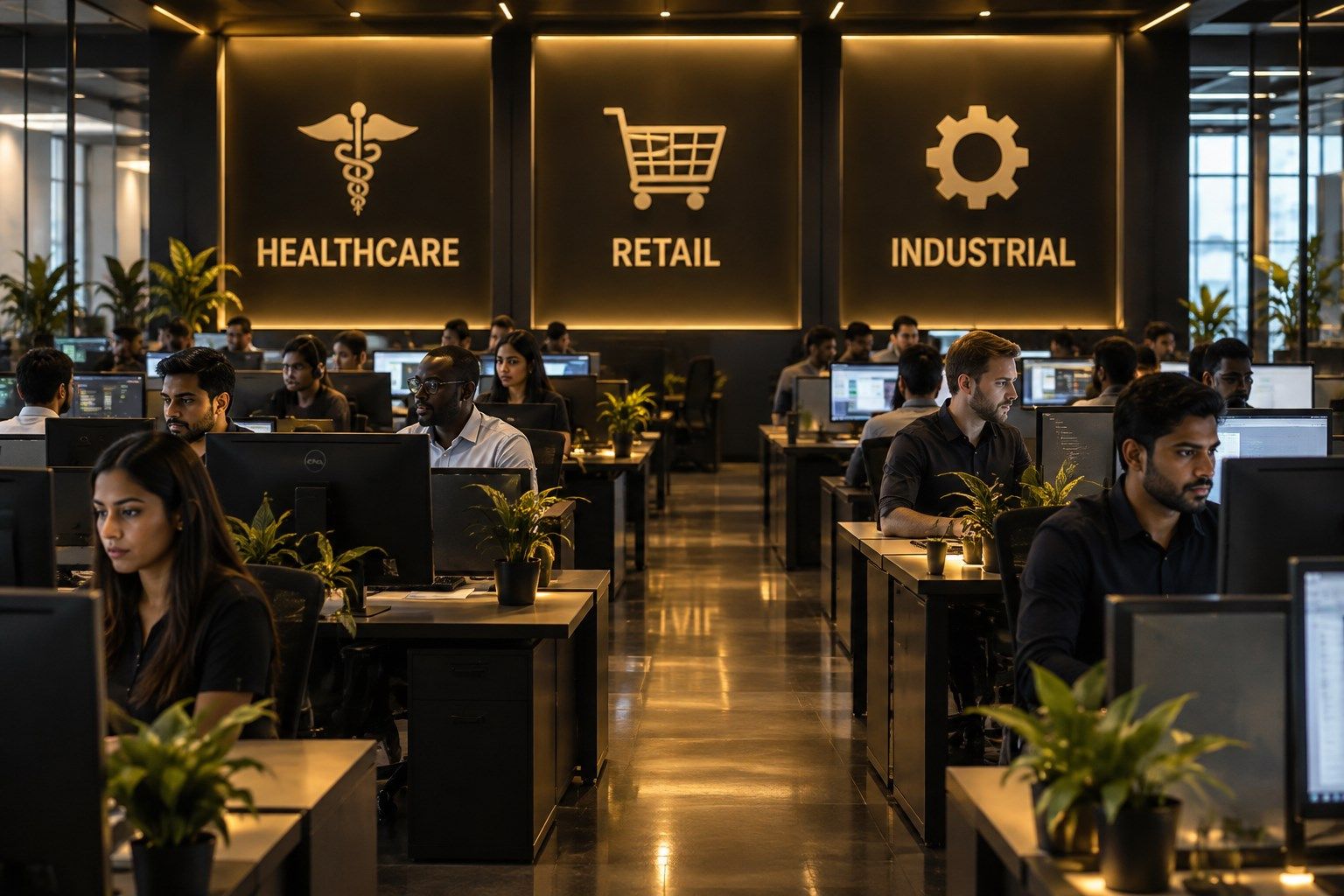 An operations floor with dashboards and sector set-ups for healthcare, retail and industrial work