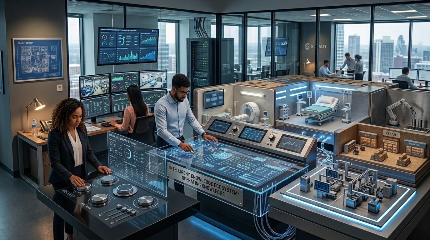 An operations floor with dashboards and sector set-ups for healthcare, retail and industrial work