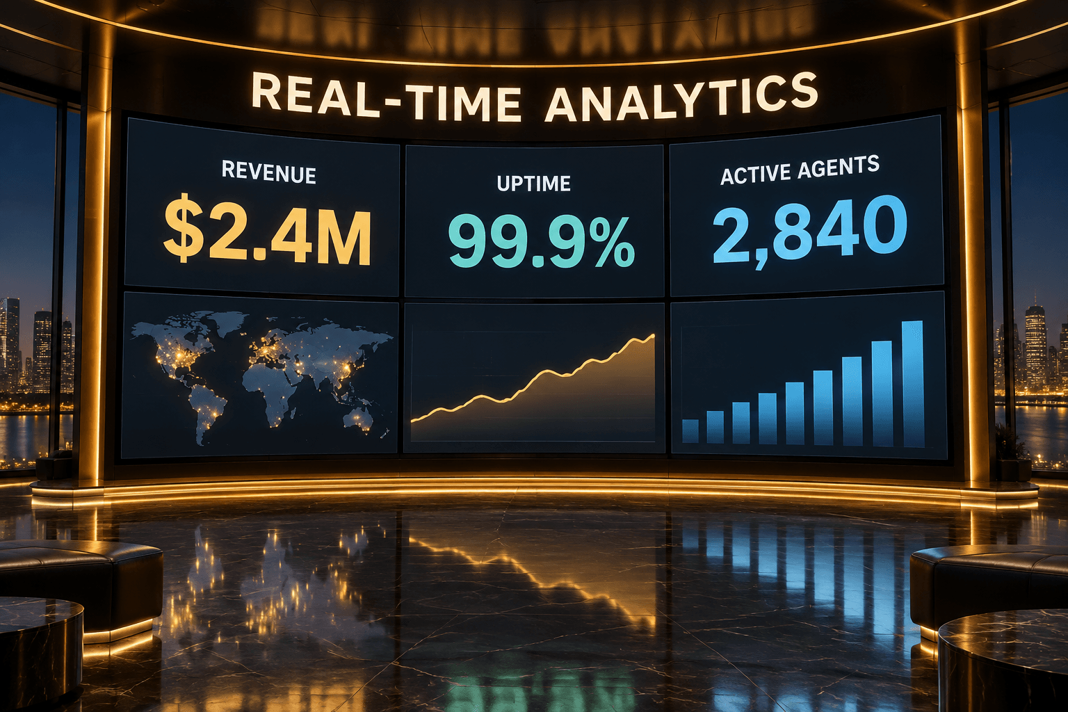 A wall of live dashboards tracking performance, volumes and market data