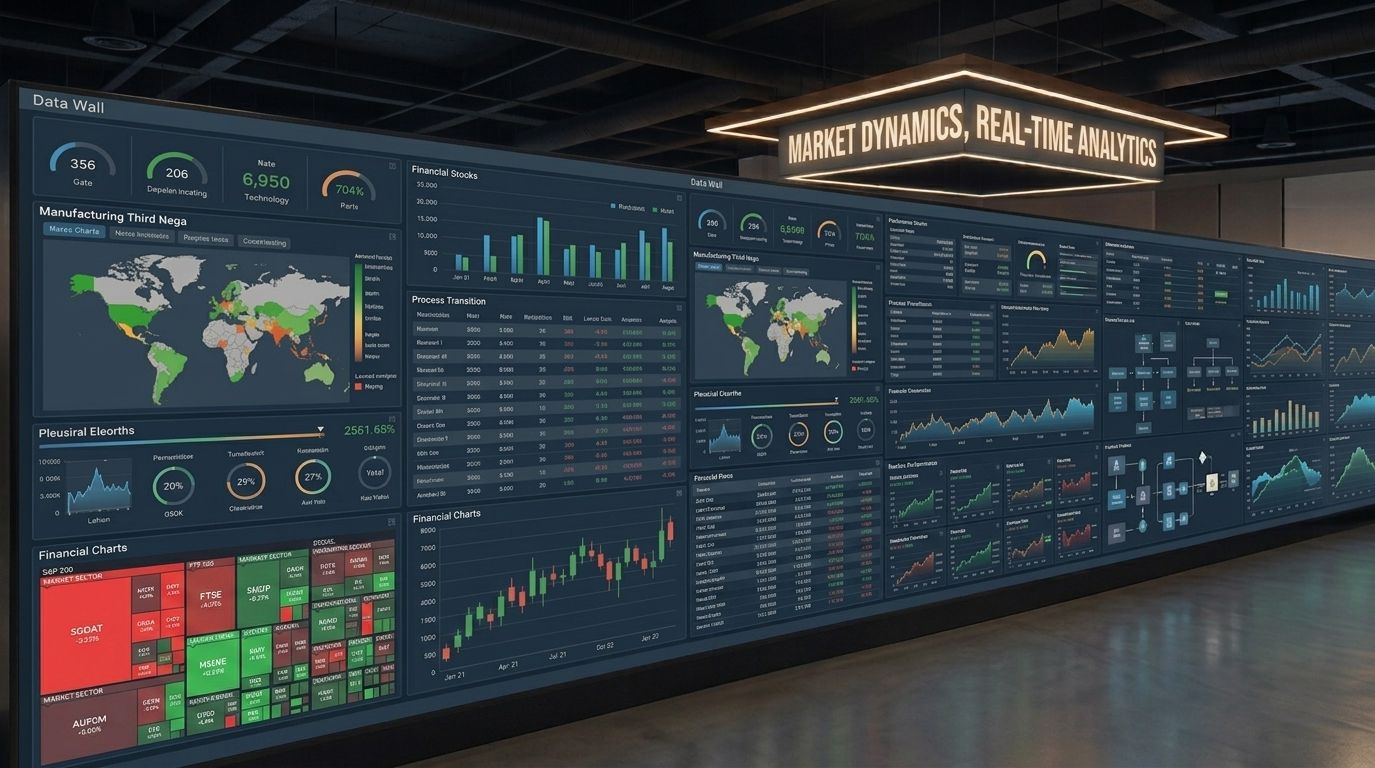 A wall of live dashboards tracking performance, volumes and market data