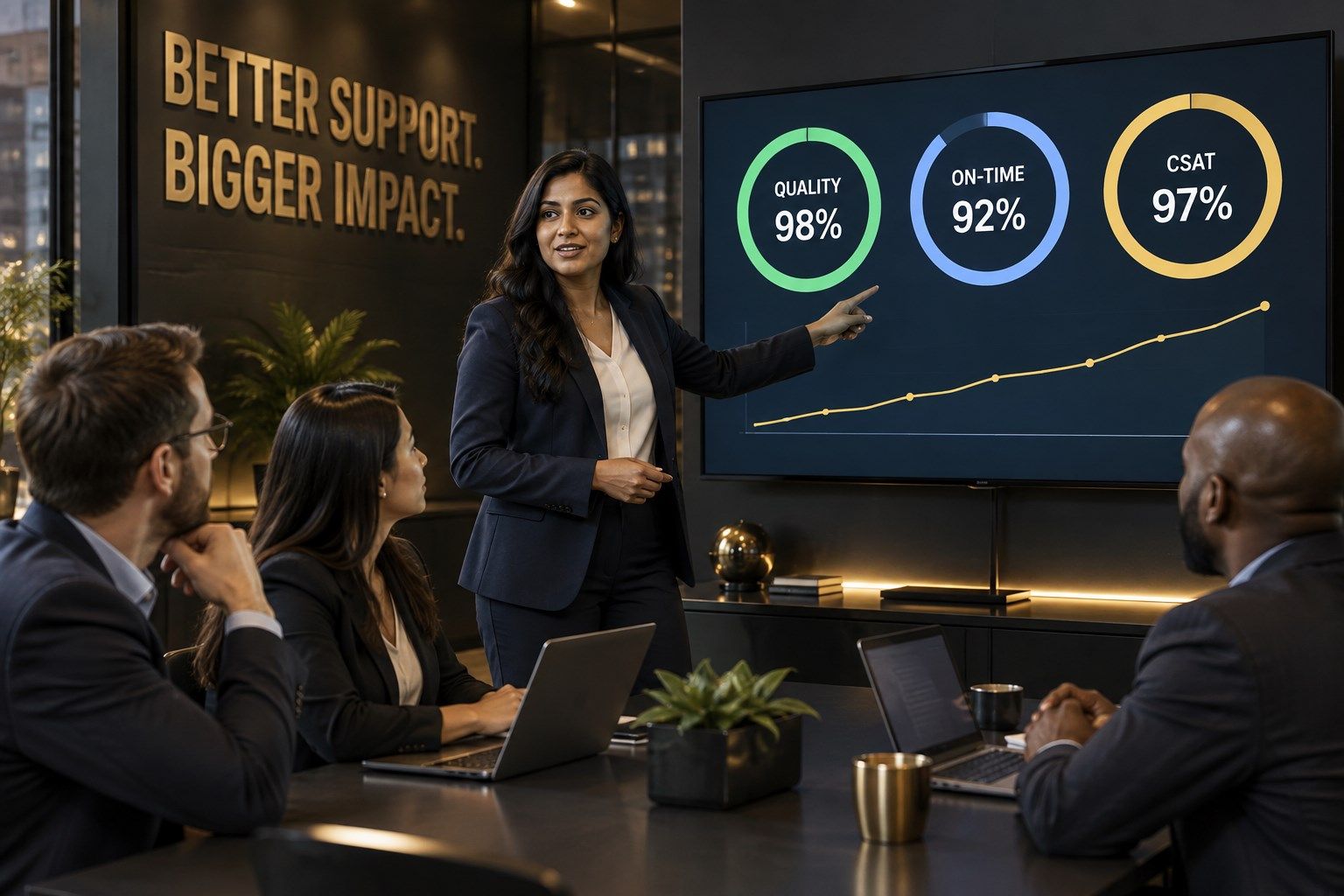 A Squad analytics team reviewing performance dashboards in a glass-walled office